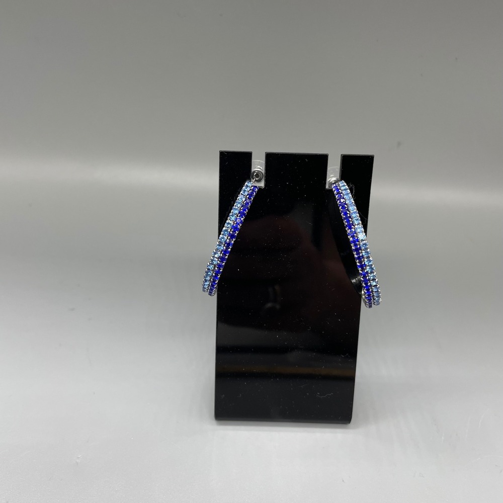 Blue Ombre Crystal Hoop Earrings Silver Tone Two Row Rhinestone C-Hoops